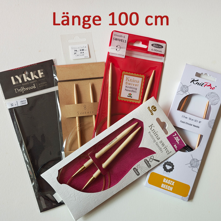 Strickzubehör: Rundnadeln in Länge 100 cm verschiedener Hersteller - tulip (Bambus), addi (Metall nickelfrei) - Rundstricknadeln
